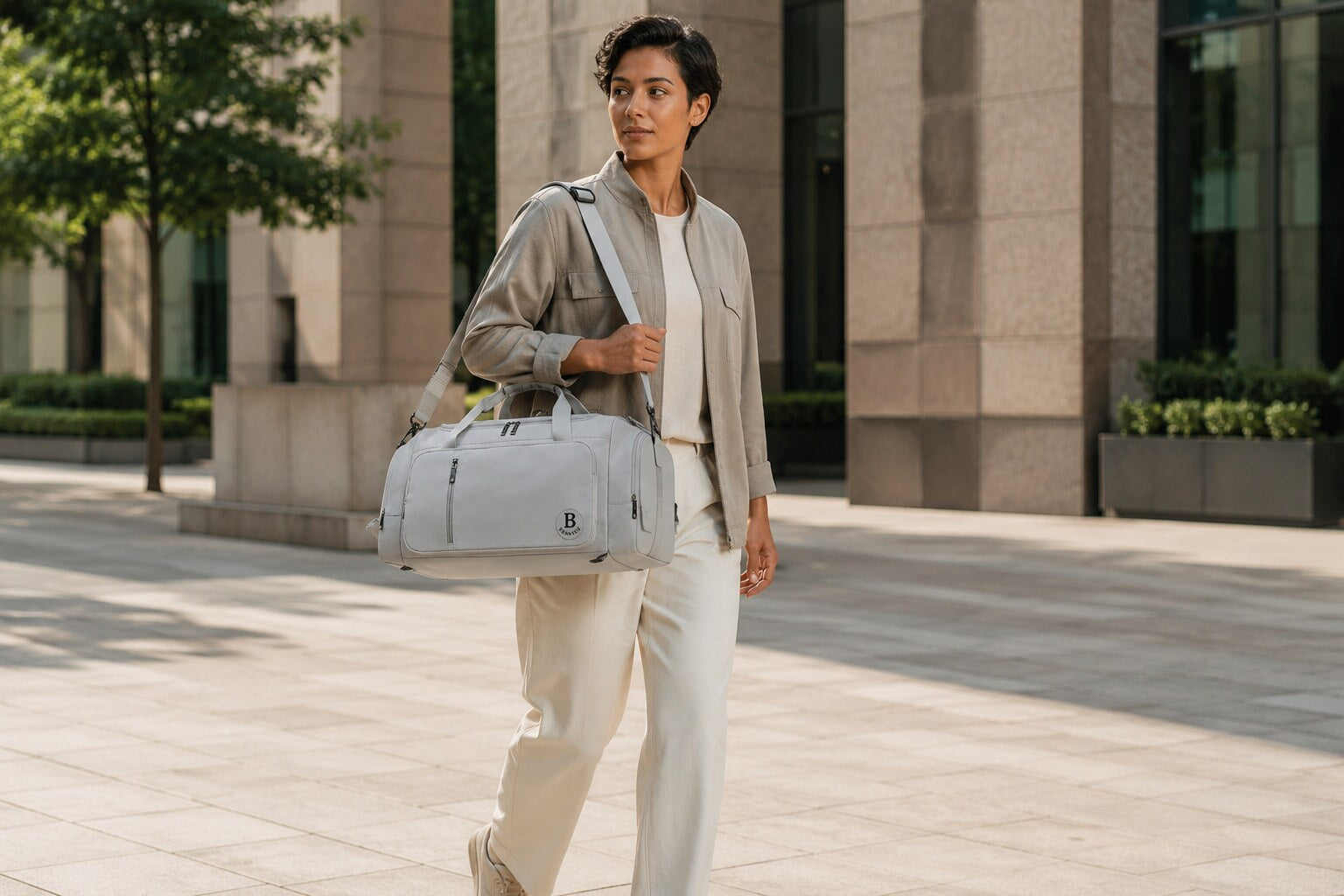 Commuter carrying a gray Branvue bag through a city plaza