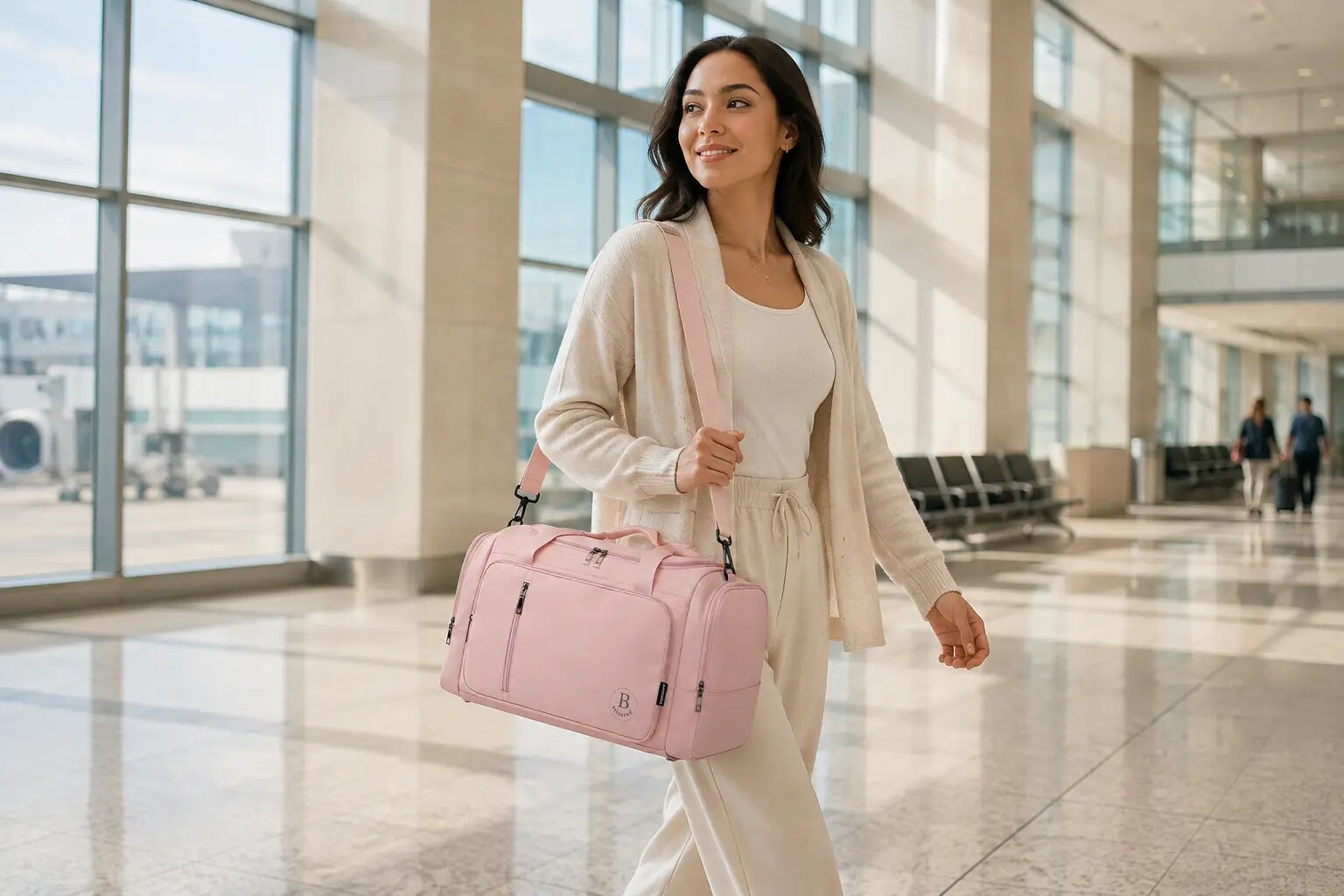 Traveler carrying a pink Branvue bag through an airport